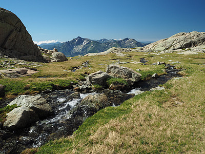 绿草地和岩石上的山林野泉旅行蓝色天空绿色风景森林石头季节溪流美丽图片