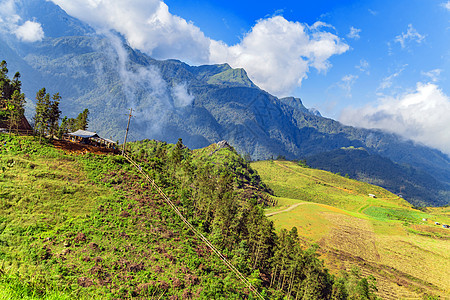 越南稻田 Sapa 越南老蔡农村全景天空岩石地平线场地远足旅行墙纸蓝色图片