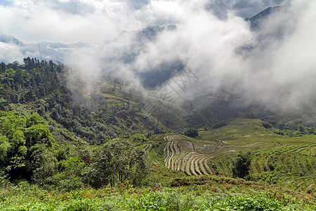 通往山丘和山丘的全景观水稻田梯田山脉旅游食物冒险远足胜地农村环境公路农场图片