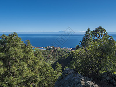 从远足小径欣赏美丽的郁郁葱葱的风景 那里有松树林和圣克鲁斯德拉帕尔马的大海 蓝天 拉帕尔马岛 加那利群岛 西班牙图片