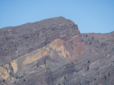 在西班牙加那利群岛拉帕尔马岛的火山口和山峰的彩色 vocanic 岩石上查看 蓝天背景图片