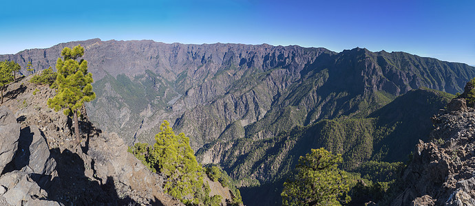 美丽的火山景观 郁郁葱葱的绿色松树和五颜六色的火山沿着路径 在西班牙加那利群岛拉帕尔马岛美丽的远足小径 蓝天背景环境踪迹火山口全图片