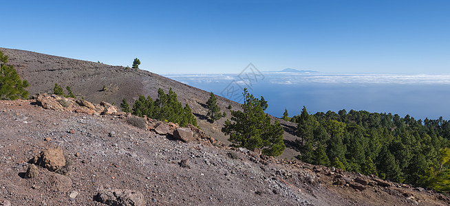 在路径的远足径上 可以欣赏到火山景观的全景 包括郁郁葱葱的绿色松树 五颜六色的火山和白云 拉帕尔马岛 加那利群岛 西班牙 蓝天背图片