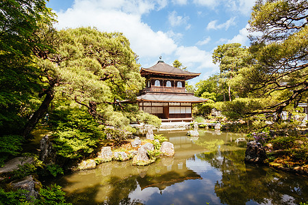 京都日本银桂庙寺殿森林旅行旅游银亭池塘日光风景历史公园文化图片