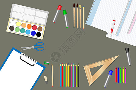 为我们准备的学习用品和工具木尺长方形教育刷子剪刀团体材料铅笔框架记事本图片