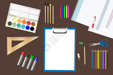 为我们准备的学习用品铅笔记事本工具空白长方形框架学校水彩教育木尺图片