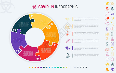 具有 6 个步骤的冠状病毒模块化信息图表模板 Covid19 彩色图表 时间表和时间表在浅色背景下隔离 许多额外的图标日程温度感图片