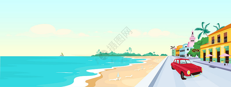 古巴海滩平面彩色矢量图背景图片