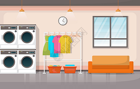 洗衣洗洗机洗衣工具现代内务系统现代内部卫生衣架衣店干洗纺织品机器烘干机卡通片衣服插图图片