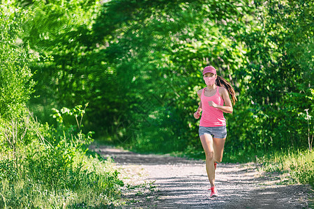 面具电晕病毒 COVID-19 跑步运动员戴着面具在夏季公园大自然中跑步锻炼时在户外慢跑 运动生活方式亚洲年轻女性图片