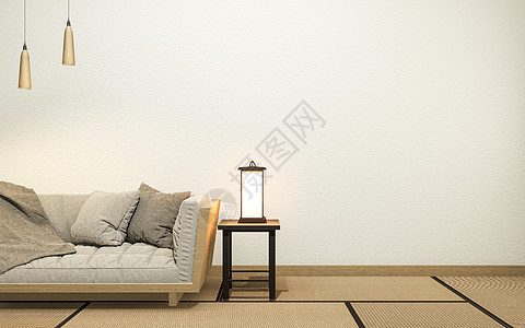 内地空白墙背景的日本人 有天鹅绒沙发毛皮榻榻米客厅座位织物房间渲染椅子风格插图图片