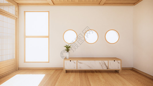在现代空房的木制柜子和Whit白墙上桌子小样客厅家具木头建筑学地面公寓嘲笑屏幕图片