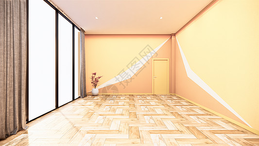 黄色地板有几何墙壁设计的空房 黄色橙色和棕色框架地面花瓶薄荷木地板窗户休息室大厅橙子客厅背景