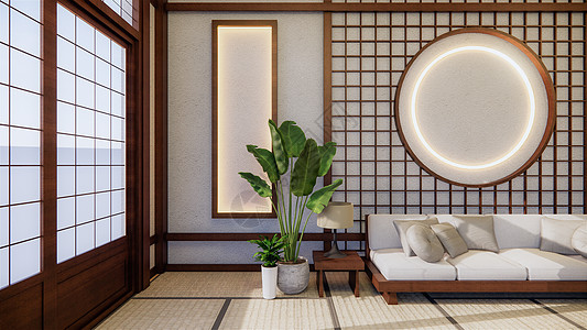 日式房间日本式的沙法和白色背景画作扶手椅地毯风格装饰花朵渲染家具地面房子编辑图片