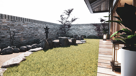 日本菜园热带外表设计日本雅潘风格 3D树木桌子寺庙花园艺术石头窗户建筑墙纸地面图片