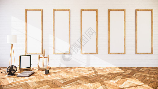 客厅白色砖墙的空置式室内设计阁楼房子奢华褐色沙发墙砖渲染房间休息室长椅图片