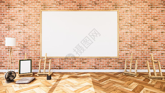客厅白色砖墙的空置式室内设计渲染阁楼沙发褐色装饰房间休息室座位风格奢华图片
