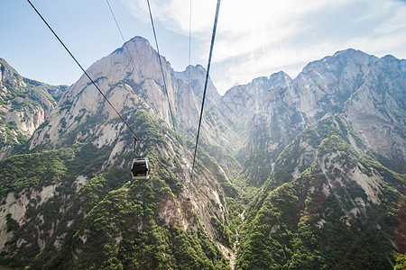 中国 华山山 北铁道天空公园缆车寺庙旅行树木顶峰国家背景图片