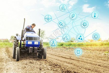 未来派创新技术象形图和拖拉机上的农民 农学科学 质量和产量增长的技术改进 农业和农业初创公司 提高效率图片