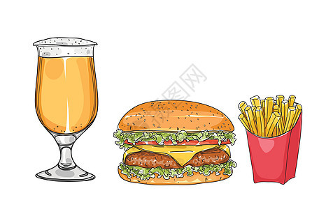 汉堡包和啤酒杯 手画风格艺术 矢量病图片