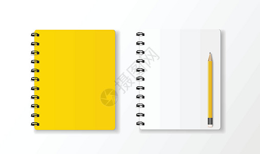白桌背面的黄色笔记本和黄色笔纸顶部视图图片