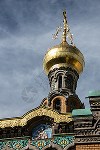 俄罗斯教堂与达姆施塔特洋葱圆顶上帝蓝色反思纪念碑天空地标盆地喷泉图片