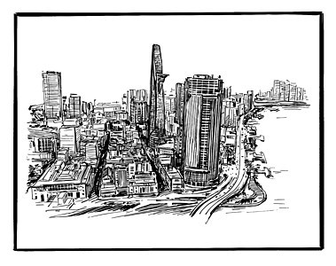 绘制越南胡志明市天线图房子反射市中心建筑学摩天大楼城市插图街道景观建筑图片