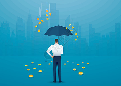 生意人拿着伞 钱从天上掉下来 成功的概念 矢量图示投资经济薪水胜利工人硬币财富收益男性利润图片