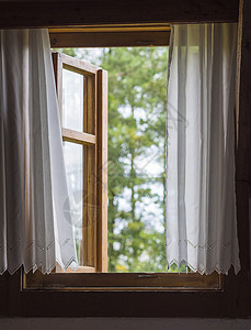 带有白色窗帘的生锈木窗玻璃 可观无重点绿树图片