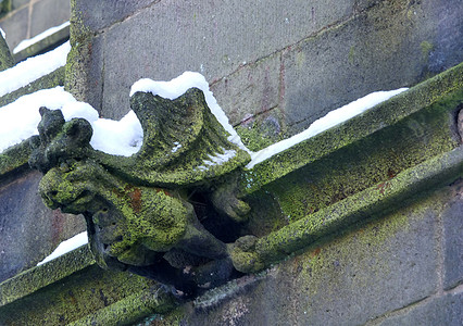 一只巨龙 就像在赫普顿斯托尔一个古老教堂的墙壁上 长着翅膀和狮子 像面罩在雪地和苔中的脸图片