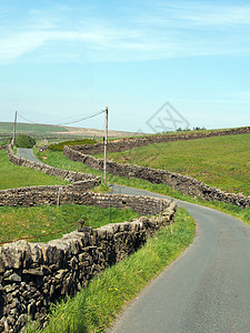 山地Yorkshire乡下有干岩墙 旧的Howarth公路上有蓝夏日天空 附近是一条绕风狭小的国道交叉口图片