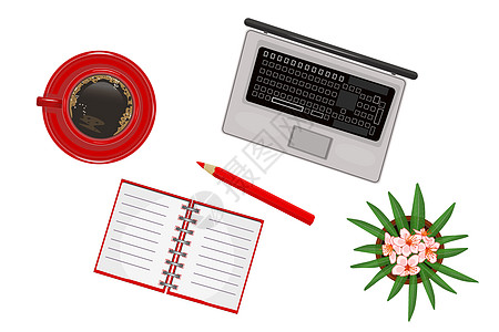 在白色背景上隔绝的一套办公用品咖啡组织桌面商业教育杯子办公室会议笔记本工作图片