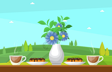 户外自然景观天空视图表上的茶杯 Name咖啡店早餐液体花瓶草本植物制品飞碟桌子插图时间图片