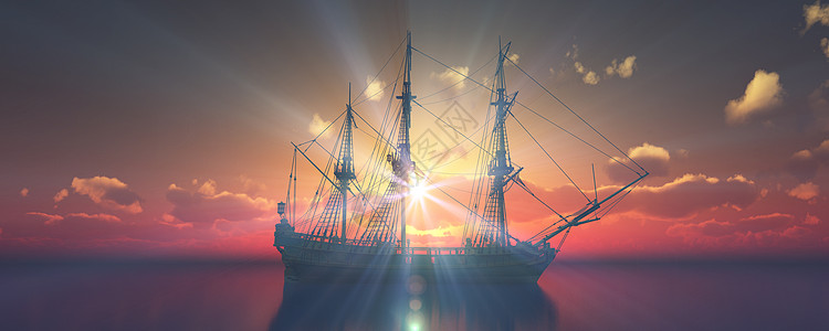 复古帆船旧船在海上日落帆船太阳历史性导航冒险航行海盗运输海景商务背景
