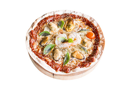 海产食品披萨在白背景和剪切路径上被孤立小吃食物白色美食海鲜胡椒午餐餐厅面团图片