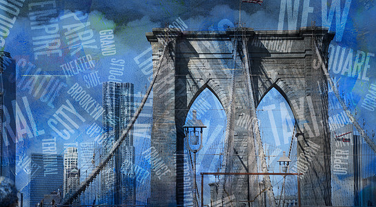 纽约布鲁克林大桥建筑艺术手绘摩天大楼城市插图天际绘画地标景观图片