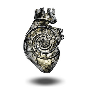 人类心脏和时间的心力解剖学机械插图机器螺旋传动器官心脏病学引擎发条图片