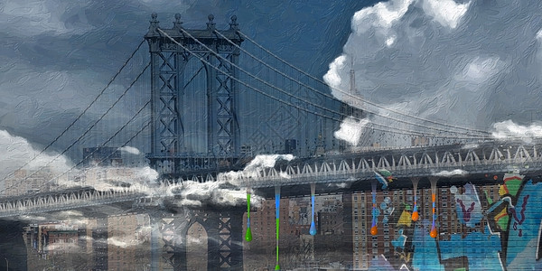 曼哈顿桥桥旅游绘画旅行建筑学艺术品天空蓝色天际插图地标图片