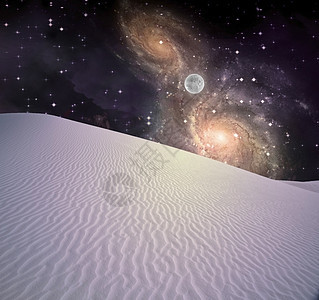 夜间沙漠波纹爬坡地平线全景星星干旱土地月亮场景沙丘图片