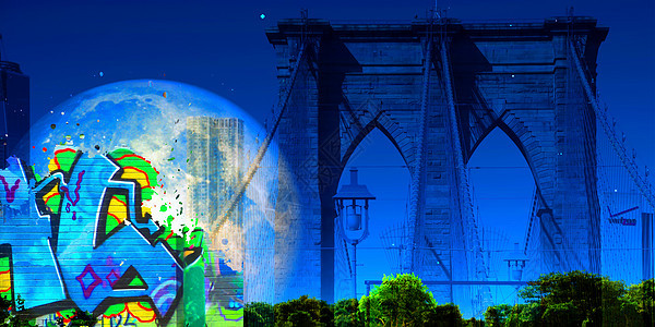 布鲁克林桥都市地标全景概念月亮天际景观港口摩天大楼建筑学背景图片