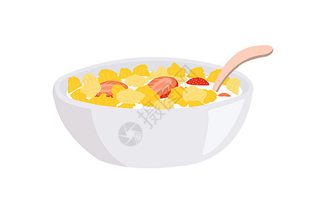 玉米片和草莓放在碗里 牛奶和勺子在白色背景中突显薄片水果奶制品早餐小麦饮食燕麦玉米粮食谷物图片