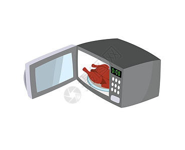 微波炉开门里面有鸡金属厨房展示插图夹子烹饪家庭按钮卡通片电子产品图片