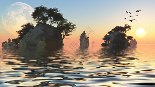 太阳升起在岩石小岛上海洋环境石头阴霾海景树木天空日落场景风景图片