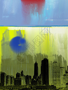纽约艺术天际城市建筑物市中心景观印迹全景水彩天空蓝色图片