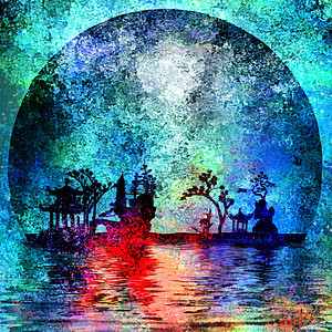 亚洲环影愁云月亮刷子反射月光蓝色笔画黑暗文化花园图片