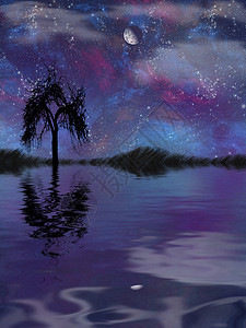 黑树和紫色天空绘画天际月光池塘艺术品镜子插图星星叶子风景图片