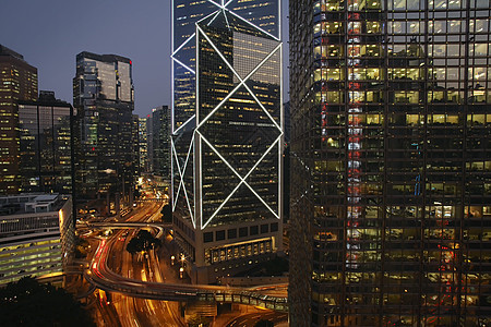 中国香港新中国银行和街头升华的观感经济交通建筑学市中心城市老虎建筑摩天大楼街道办公楼背景图片