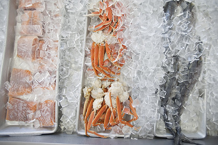 市场冰中混合鱼类的封闭保鲜展示食品加工冰块商业螃蟹批发市场食物工业静物图片
