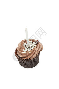 巧克力蛋糕 用蜡烛在白色背景上巧克力食物诱惑对象静物影棚小雨糕点棕色甜点图片