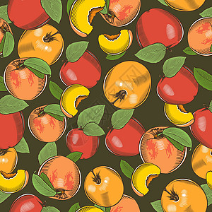 彩色无缝图案与苹果和桃子在复古风格图片